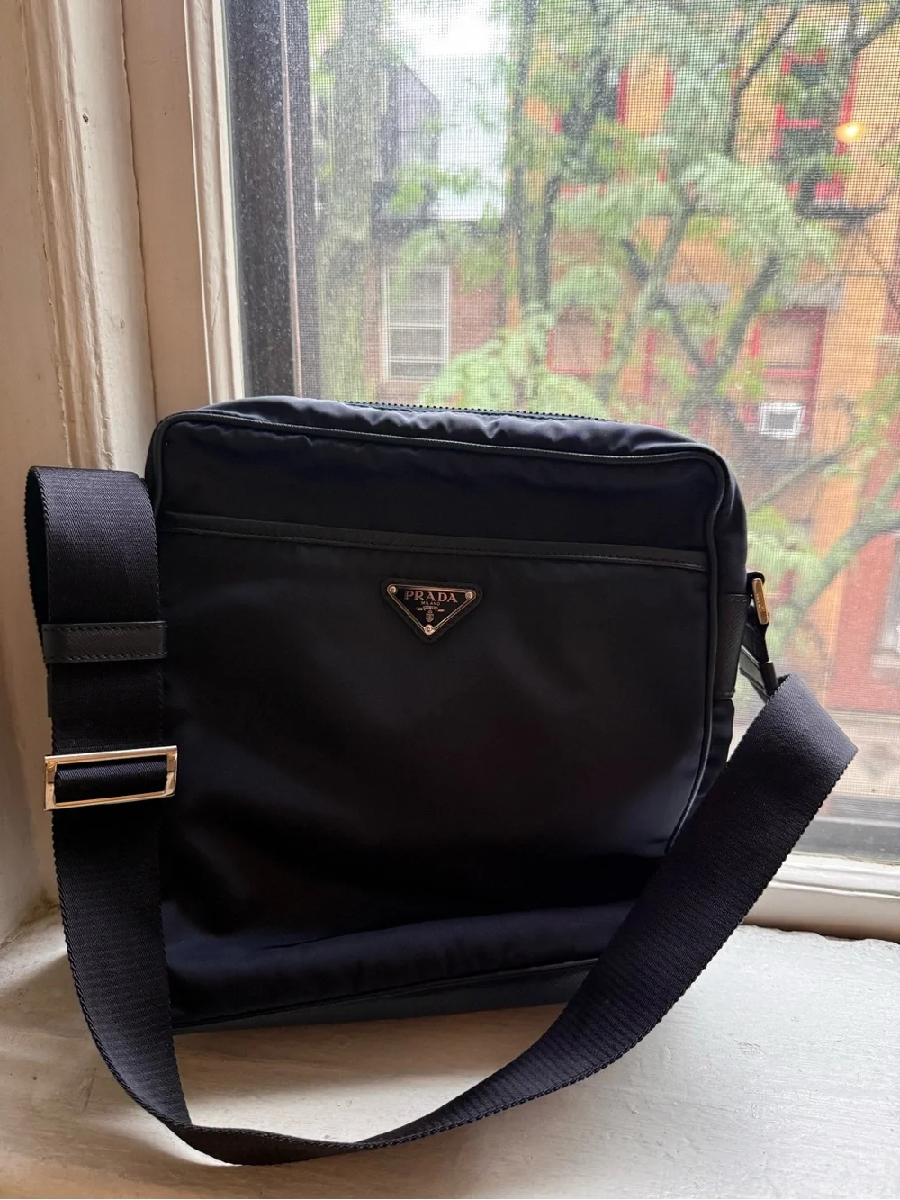 Prada Black Nylon Messenger Bag with Logo Plaque